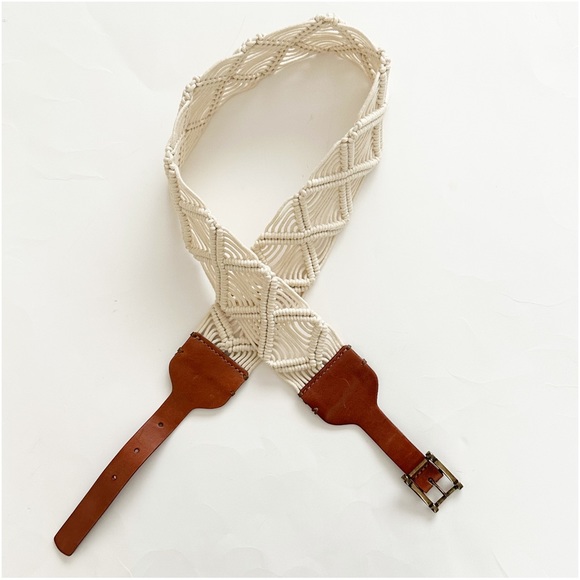 Tommy Bahama Macrame Braided Woven Cream Brown Leather Belt Brass Buckle Boho S - Picture 5 of 8